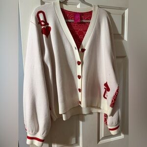 Queen of Sparkle sz xl Women’s Cream Cardigan Sweater with Red Heart Buttons